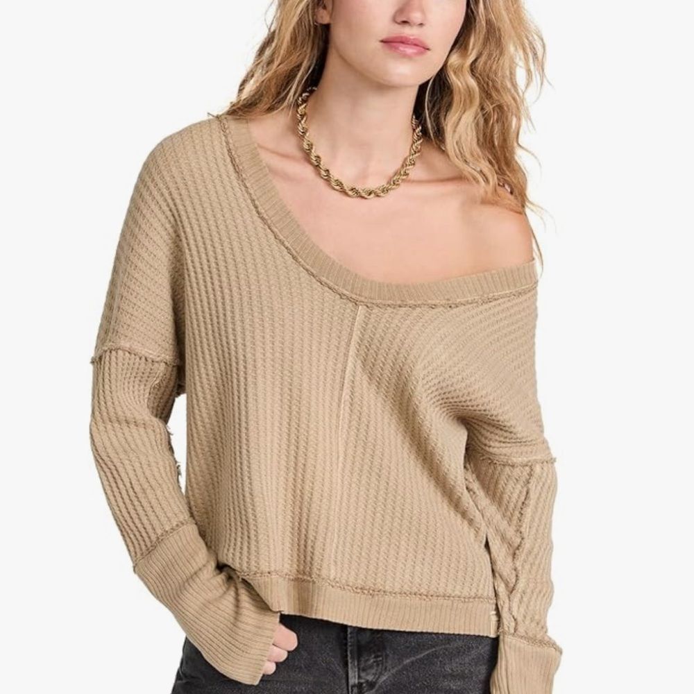 NWOT Free People Taupe Ribbed Knit‎ sweater top scoop neck off the shoulder